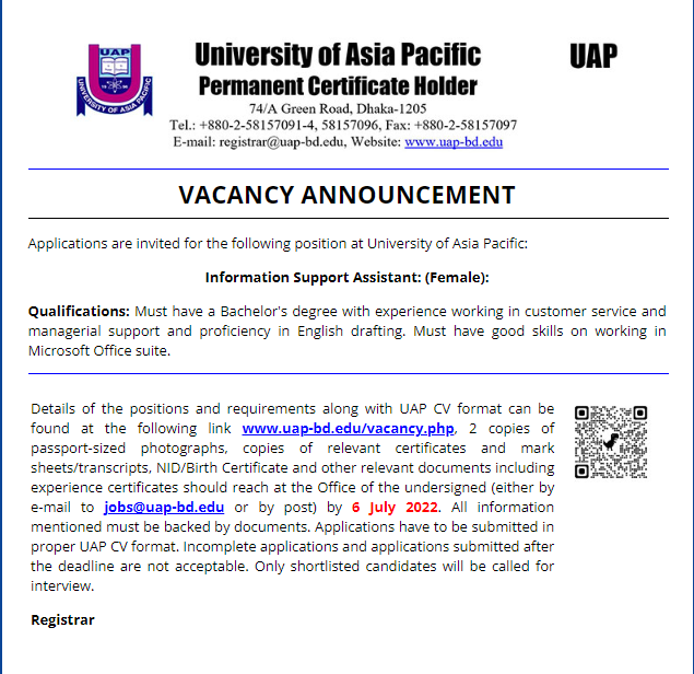 University of Asia Pacific Job Circular 2022