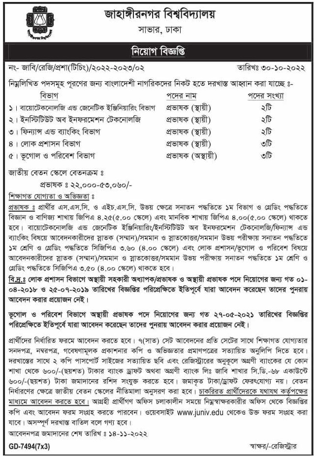 Jahangirnagar University Job Circular 2022